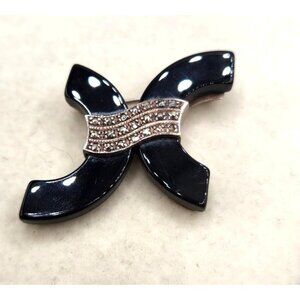 Black Onyx Sterling Silver Brooch With Marcasite Accent - Modernist Style